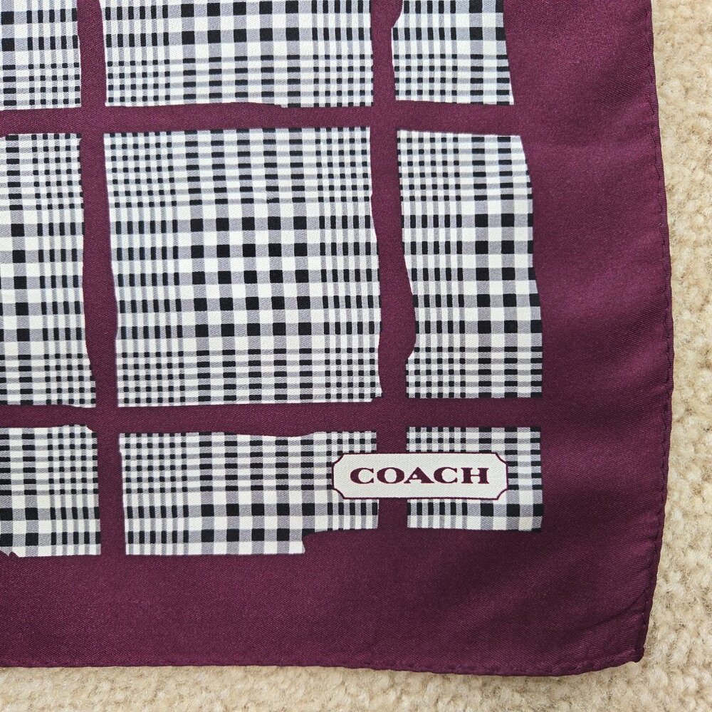 Coach Silk Scarf Glen Plaid Burgundy Maroon - Picture 3 of 8